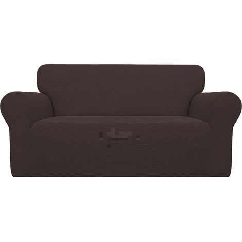 Housse de canapé Extensible 1 pièce pour canapé Doux avec élastique en Mousse antidérapante pour Enfants, Tissu Jacquard élasthanne, Petits Carreaux (Causeuse, Chocolat) (1/5)