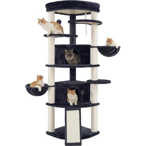 Arbre à Chat d'angle, Tour de Jeux pour Chats intérieur, Multi-Niveaux Tour Chat avec Poteaux à Griffer, 2 Grandes Niche à Chat, Grande Plateforme, 2 paniers Suspendus, Gris foncé GCT035G (1/5)
