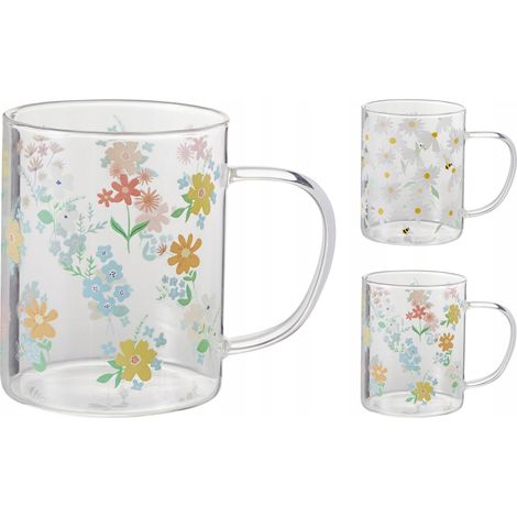 Mug en verre transparent avec fleurs printanières 420ml 1 pc.