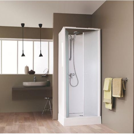 Leda – Cabine de douche carrée 70 x 70 cm – Porte battante réversible – Parois en verre opaque – Accès frontal – Vitrage sérigraphié (1/3)