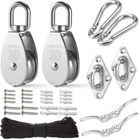 Kit pour systèmes de poulies en acier inoxydable M20 - Poulies robustes, palans avec corde en nylon de 4 mm, crochets, patins (lot de 2) (1/5)