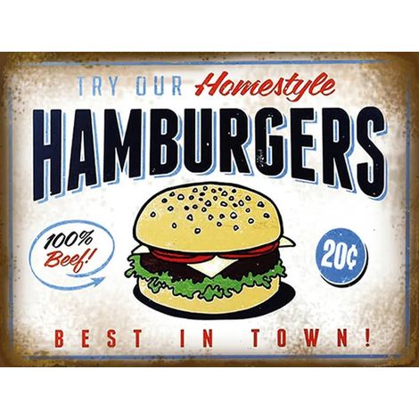 Panneau en bois 30x40 cm : Hamburger le meilleur de la ville, 100 % bœuf (1/3)
