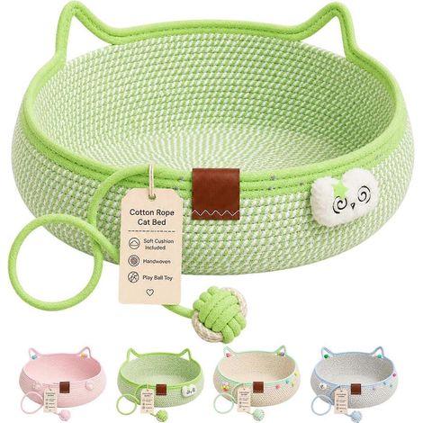 Panier pour chat grand format vert en coton de coton tressée à la main avec coussin balle suspendue et oreilles de chat respirant (1/5)