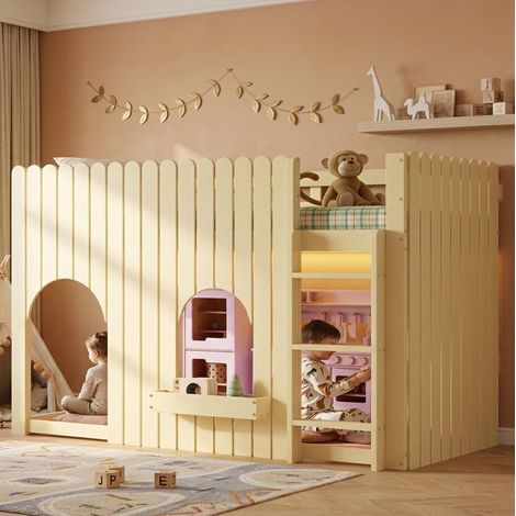 Cama alta infantil moderna 90x200 cm, madera maciza y MDF natural, con barandillas, escalera de 3 peldaños y LED (1/5)