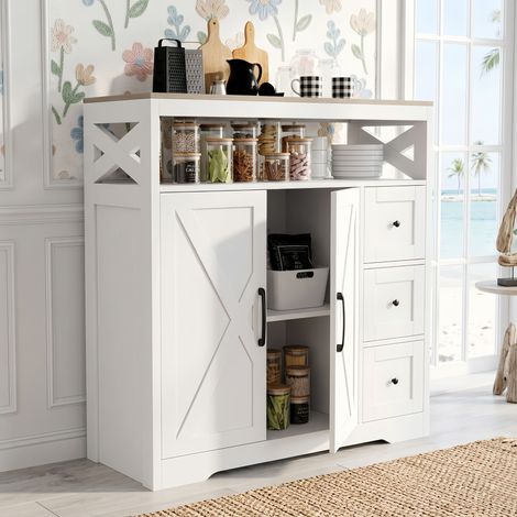 Buffet Bois avce 3 tiroirs et 2 portes - Meuble de rangement avec Plateau en Bois, Poignées Noires - Design Moderne, Blanc