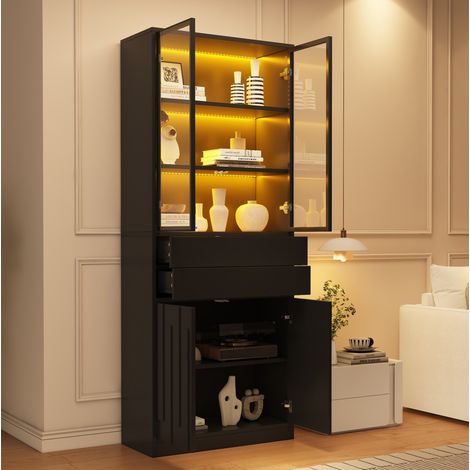 Vitrine haute 70x37x180 cm en panneaux de particules et verre, noire, avec LED, pour salon – MEUBLIV (1/5)