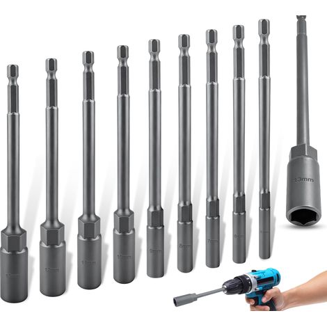 Lot de 9 douilles magnétiques extra longues en acier 150 mm 5,5/6/7/8/9/10/11/12/13 mm pour perceuse, visseuse sans fil (1/5)