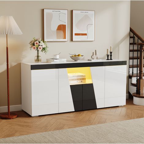Buffet de salon avec 4 portes et LED, 140x40x65 cm, blanc et noir, pour hôtel et appartement (1/5)