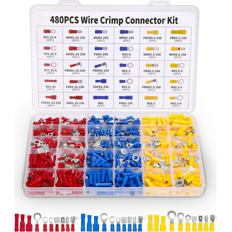 480 Pièces Cosses a Sertir Electriques,30 Types Cosses Electriques a Sertir avec Coffret D'assortiment,Anneau Plates fourches cosses et Kits,pour Voiture, Cosses Plates,Cosses Anneau (1/5)