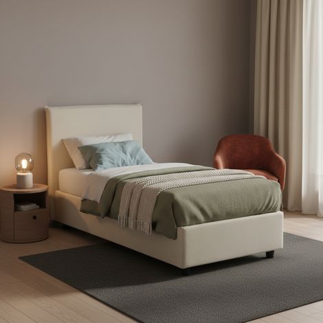 Talamo Italia - Letto singolo Acuila, Letto contenitore con rivestimento in tessuto, 100% Made in Italy, Apertura laterale, adatto per materasso Cm 80x190, Beige (1/5)