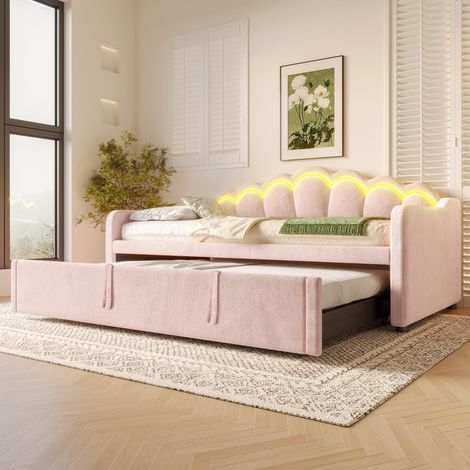 Lit de jour convertible en lit gigogne, canapé-lit, lit simple (sans matelas), lit double, velours, bande LED à couleurs changeantes, 90x200cm (180x200cm), rose, garantie 2 ans