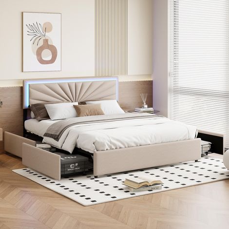 Lit adulte 160x200 cm, lit avec rangement 160x200, Tissu en lin, avec éclairage LED, 4 tiroirs, Lit style scandinave - Beige (1/5)