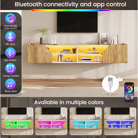Mobile TV sospeso 180x36,5x40 cm in MDF bianco e legno, LED RGB salvaspazio – MEUBLIV (1/5)