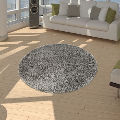 Paco Home Shaggy Tapis Poils Hauts Poils Longs Haute Qualité Haut Densité De Fil Uni Étincelant Gris 120 cm rond