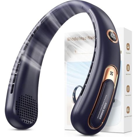Ventilateur de Cou Portable, Ventilateur USB Rechargeable 4000mAh Max 15H, Ventilateur Silencieux sans Pale, 3 Vitesses et Affichage LED, Petit Ventilo Puissant 360°, pour Bureau Sport Voyage Camping