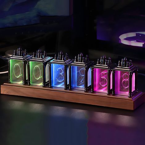 Horloge à tubes Nixie, LED, RGB, avec fonction mémoire, plusieurs modes disponibles, format 12/24 heures, idéale pour le bureau, la décoration intérieure ou comme cadeau. (1/5)