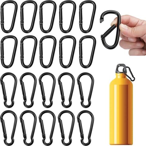 Lot de 20 petits mousquetons en aluminium, 40 mini mousquetons de 4 mm, petits mousquetons noirs pour sac à dos, ceinture, tente, camping, voyage (1/5)