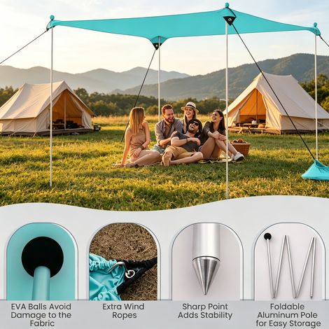 Green Portable 3 x 3m UPF50+ Beach Sun Canopy with Sandbags, Ground Pegs, Aluminium Poles & Carry Bag for Outdoor Camping Fishing (1/5)