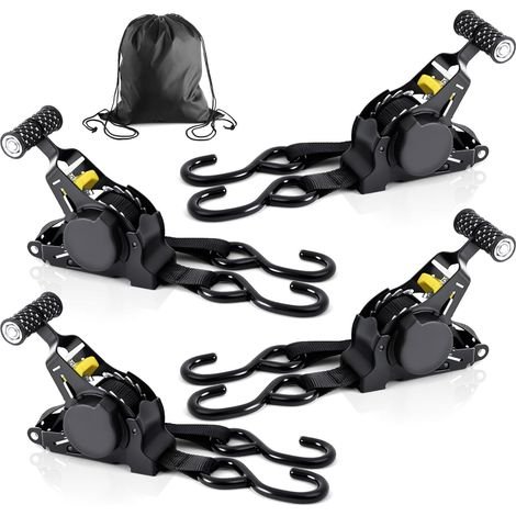 Sangle d'Arrimage Automatique Rétractable, 3.3m x 25mm Sangle à Cliquet, Résistance à la Rupture 680kg, 4 Pièces avec Crochets en S, Sangle de Serrage pour Moto/Remorque/Camion/Bateau/VTT (1/5)