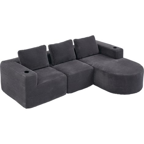 Divano angolare a 3 posti in tessuto grigio scuro con 3 cuscini e 2 portabicchieri MODENUIT (1/5)