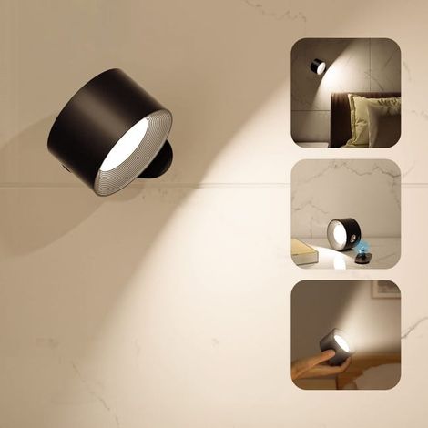 Applique da parete a LED girevole a 360°, luce notturna magnetica, 3 temperature di colore regolabili, lampada da lettura dimmerabile tramite USB, colore nero. (1/5)