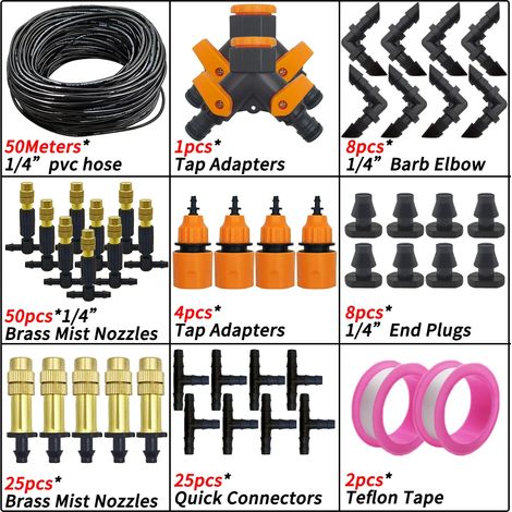 (KIT001-50M-A) Système de brumisation pour jardin, arrosage goutte à goutte extérieur, buses atomiseur en laiton 1/4'', tuyau 4/7 mm, pour serre ou parasol (1/5)