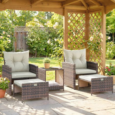 Ensemble extérieur 5 pièces rotin/acier : 2 poufs chaises table basse niveaux brun/crème