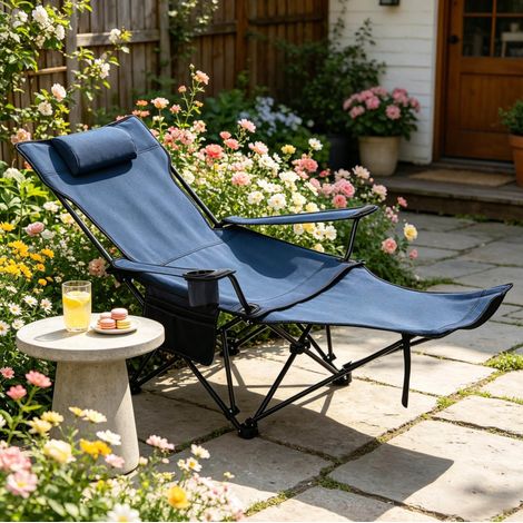 chaise fauteuil pliable camping repose pieds bleu OKMYHOME (1/5)