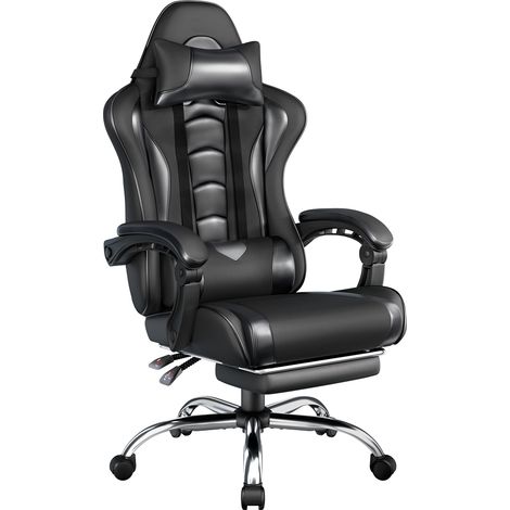 Yaheetech Chaise Gaming Massante Ergonomique Fauteuil Gamer Dossier et Appui-tête Hauteur Réglable avec Repose-Pied Similicuir Charge 136kg Noir (1/5)