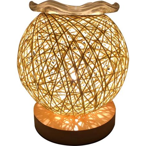 Lampe de table boule en rotin de chanvre (beige jaune) créative et romantique pour la chambre à coucher (1/4)