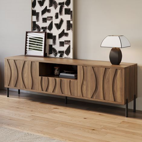 Mobile TV 160 cm con 3 porte armadio a motivo ondulato e ripiani di stoccaggio, mobile TV basso in legno, arredamento per soggiorno - Colore legno