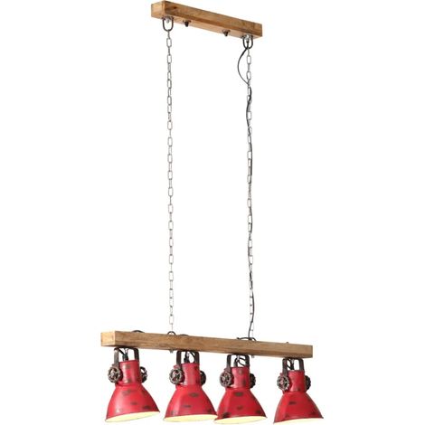Plafonnier à 4 abat-jour style industriel salon bureau 90 x 24 x 111 cm en fer rouge délavé (1/5)
