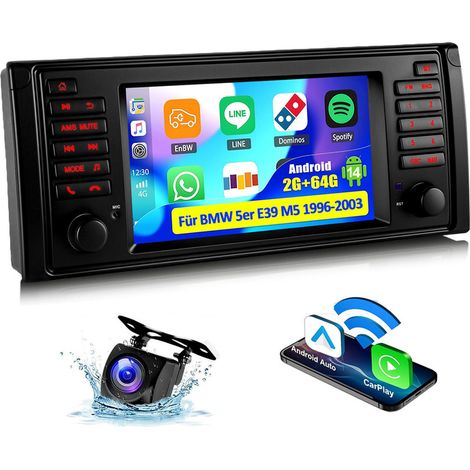 Autoradio 7" Android 14 avec Apple CarPlay, 4+64 Go de RAM, navigation GPS RDS, Wi-Fi et Bluetooth pour BMW Série 5 E39 M5 - 2+64G CAM (1/5)