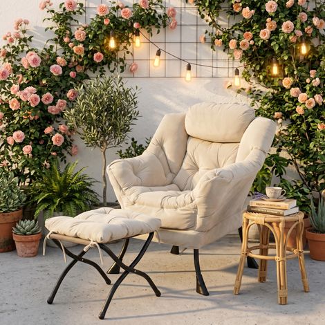 Sillón relax 72x80x93 cm en tejido de poliéster beige, con bolsillo lateral FLORAGRACE (1/5)