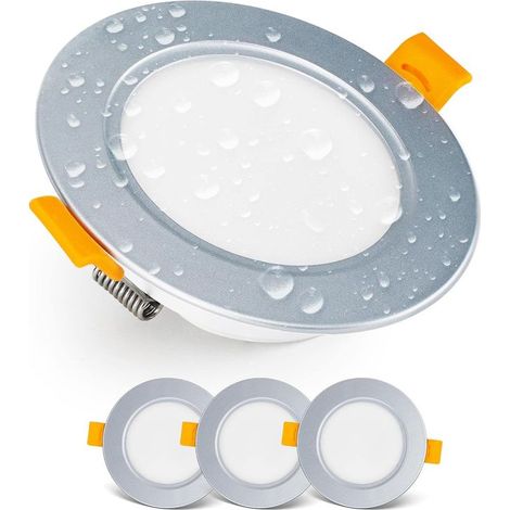 LED recessed spotlight IP54 LED ceiling spotlights for bathrooms, wet rooms, warm white 3000K Set of 3 extra-flat round LED spotlights 7 Watt (7W) / 700 lumens, silver (1/5)