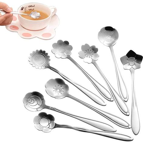 Ensemble de 8 cuillères à fleurs en acier inoxydable, cuillères à café créatives de 12,5 cm argentées, pour sucre, glace et usage mixte en vaisselle (1/4)