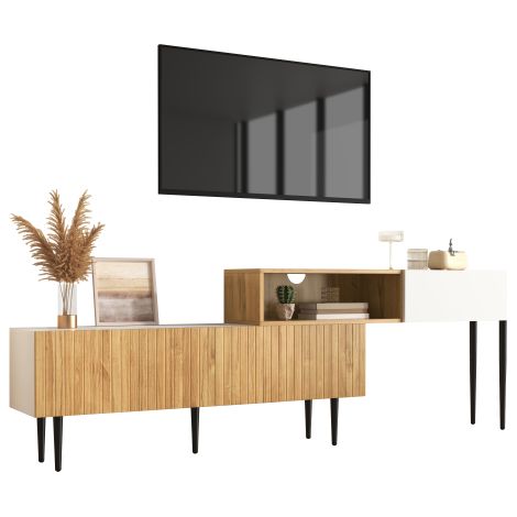 Meuble TV moderne au design effet marbre et bois, doté de chants en PVC et de pieds en fer  finition bois foncé  idéal pour la décoration intérieure  peu encombrant, robuste et durable.