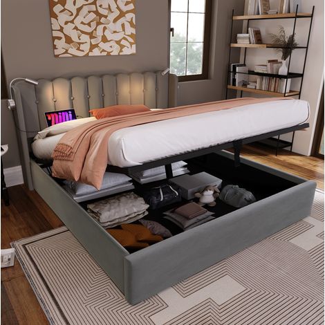 Bett Doppelbett Stauraum 140x200 Samt USB OKMYHOME (1/5)