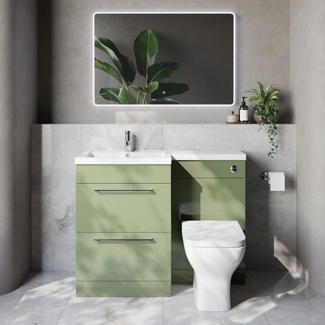 Napoli 460 Olive Green 1100mm 2 Drawer Vanity Unit Toilet Suite with Left Hand Square Lucia Basin - 1100mm - Chrome 320mm HandleWith Kingston Toilet Pan and Seat