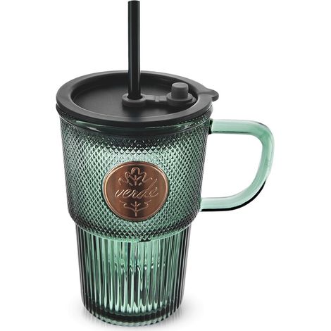 Glasbecher mit Strohhalmdeckel für heiße und kalte Getränke, Reisegröße 450 ml