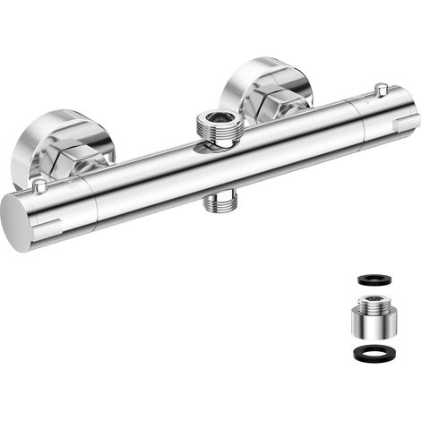 Mitigeur de Douche Thermostatique avec Bouton de Sécurité 38 °C et 2 Sorties Haut G3/4" BSP(24 mm)+Bas G1/2" BSP(20 mm), Anti-brûlure, Montage Mural, Laiton, Température Constante Intelligente