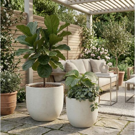Lot de 2 pots de fleurs ronds 37x33 cm et 46x40 cm avec drainage, en oxyde de magnésium blanc cassé (1/5)