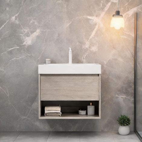 Vasque intégrée résine blanc 70 cm avec meuble chêne clair (1/5)