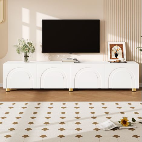 Mueble TV lowboard 180 x 35 x 40 cm, 4 puertas, relieve arco 3D, patas metálicas, blanco DESVIAE (1/5)