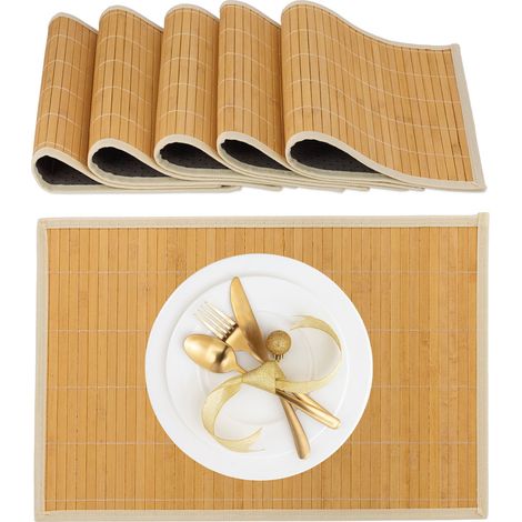 Relaxdays Tischset, 6er Set, Bambus, Stoffrand, rutschhemmend, 45 x 30 cm, Teller, Esstisch, eckiges Platzset, creme (1/5)
