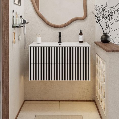 UEV Meuble Salle de Bain 90cm, Meuble Suspendu avec Lavabo en Céramique, Deux Tiroirs avec Grand Espace de Rangement, Poignée Cachée, Motif de Ligne, 90 x 45 x 50cm, Blanc