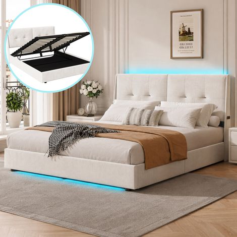 Lit coffre double 160x200 cm ,lit capitonné avec LED ,rangement hydraulique,Lit adulte ,sommier à lattes,velours,beige (1/5)