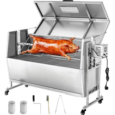 Rôtissoire Barbecue 38W, Tournebroche à Charbon pour Porc et Agneau, Capacité 60 kg, Roues et Hauteur Réglable 4 Niveaux, Kit Grill Acier Inoxydable pour Camping et Plein Air (1/5)