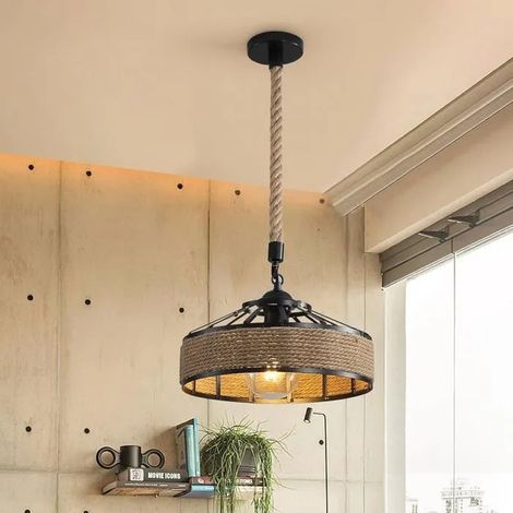 Suspension Lustre Industrielle Vintage E27 Luminaire Plafonnier en Mtal Corde de Chanvre Lampe de Plafond Retro multicolore LUSTRE (1/4)