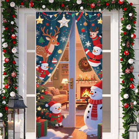 Décorations de Noël 2026 - Bannières, nœuds, décorations de Noël, rideaux de porte - 90 x 180 cm (œillets + ruban) - QL-30
